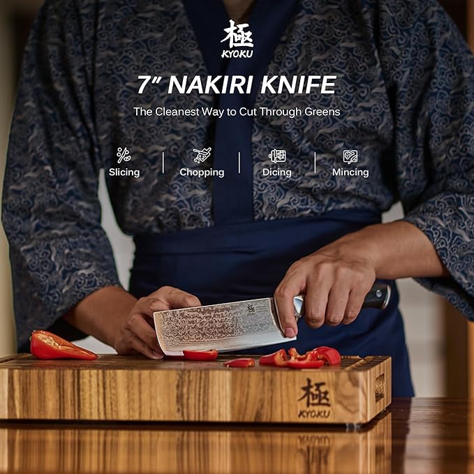 KYOKU Nakiri Knife - 7" - Shogun Series - Japanese Style VG10 Steel Core Damascus Blade - with Sheath & Case
