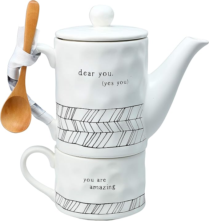 Pavilion Gift Company Dear You 15 oz Ceramic Tea for One, 3 Piece Set, White