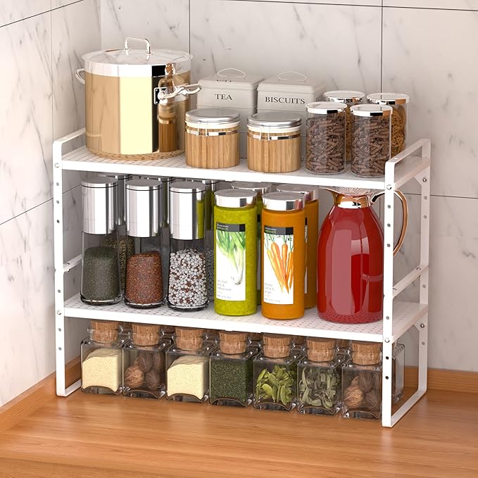 iPEGTOP Expandable Cabinet Storage Shelf Organizer Rack, Heavy Duty Stackable Steel Metal Spice Rack Adjustable Height Pantry Garage Shelf for Counter Kitchen Organization, White - 2 Pack