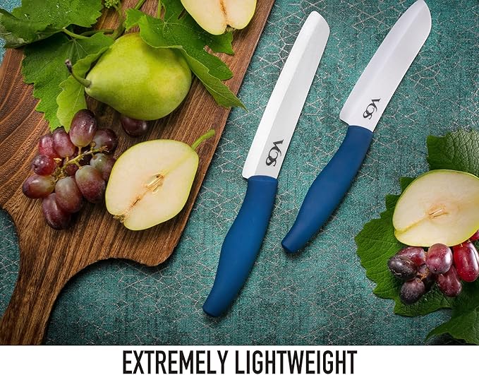 Vos Ceramic Knife with Peeler, Knives Set For Kitchen, Ultra Sharp Kitchen Knife Set with Covers, 4" 5" 6" 7" 8" Paring, Chef Knife, Santoku & 2 more, Lightweight, Dishwasher safe (Blue)