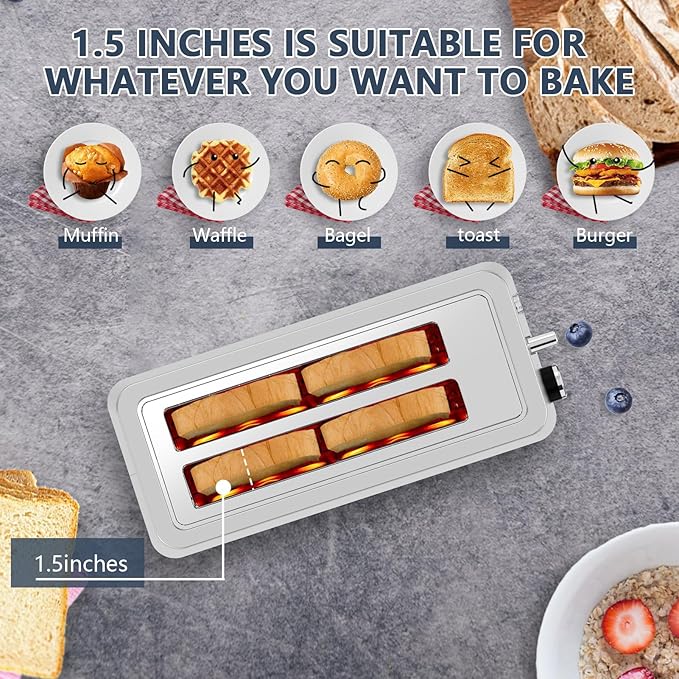 4-Slice Toaster, Extra Wide Long Slot Toaster with Warming Rack, 6 Browning Settings, Bagel/Defrost/Reheat Functions, Removable Crumb Tray, Stainless Steel Housing,Silver