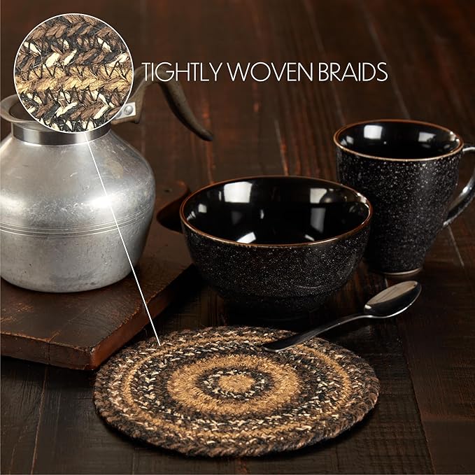 VHC Brands Espresso Trivet Hot Pad for Pots Pans, Brown Black Tan, Jute Blend, Round Circle, 8 Inches