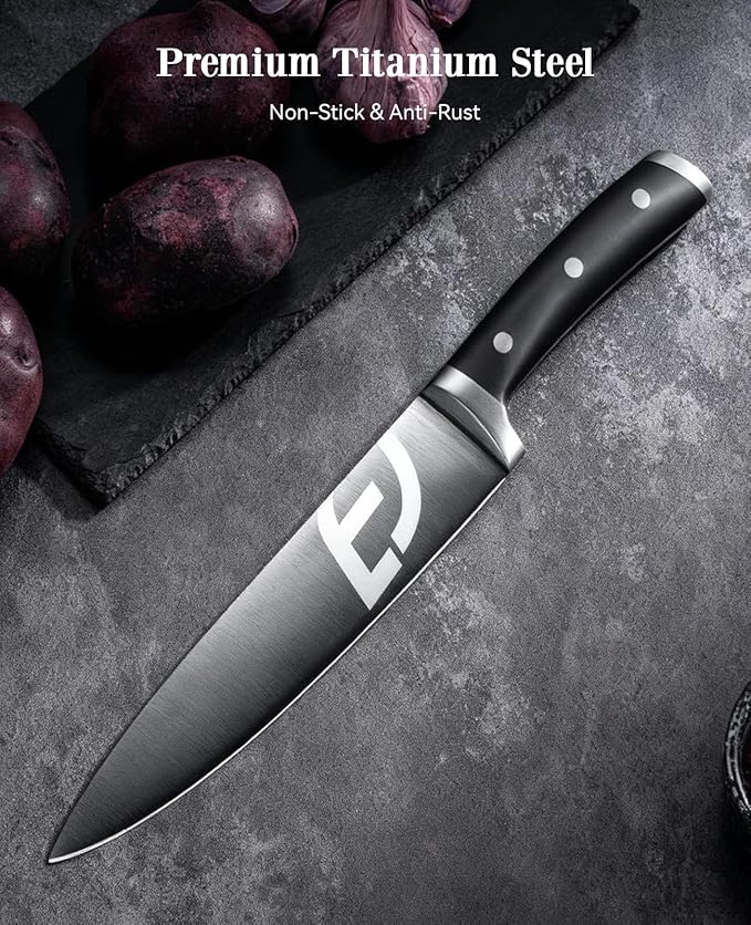 Emojoy Knife Set, Kitchen Knife Set with Block – 17 PCS German Titanium Steel Knives with Heavy-Duty Acacia Wood Block and Built-in Sharpener for Home Cooking, Dishwasher Safe