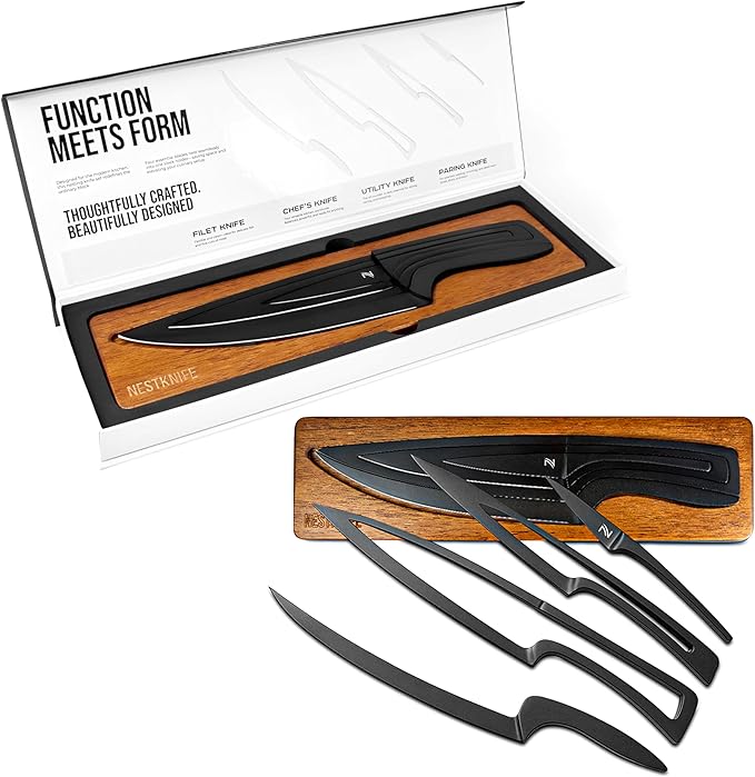 Kitchen Knife Set Stainless Steel, Chef Knife Set of 4 Pieces, Space Saving Ergonomic Design of Chef's Knives, Modern Stainless Steel Knives, Aesthetic Kitchen Essential, NestKnife Patented Technology
