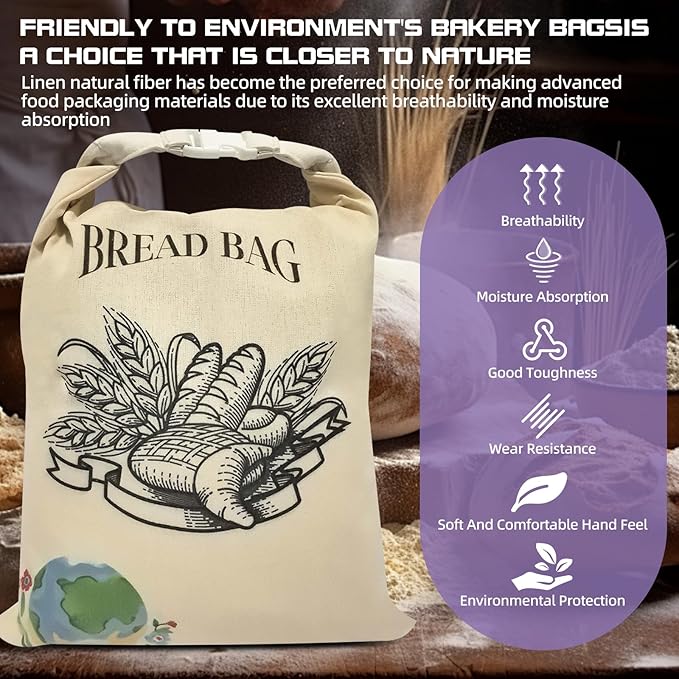 Reusable Beeswax Bread Bags, 2-Pack Large Organic Linen Bread Bags, Washable & Freezer-Friendly Food Storage Cloth for Sourdough, Homemade Bread – Preserves Freshness (Beige)