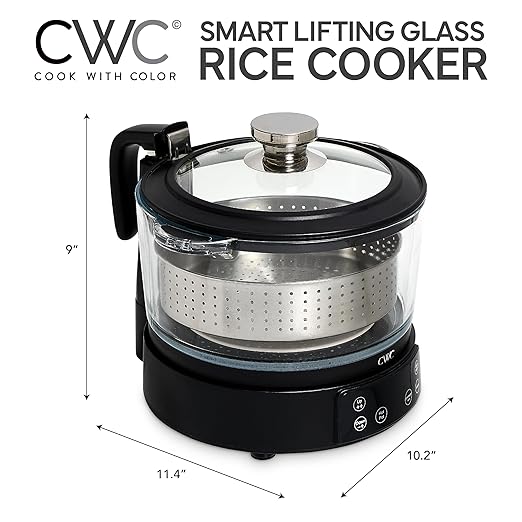 COOK WITH COLOR 3L Glass Mini Low Carb Rice Cooker – Holds 2 Cups Raw/Makes 6 Cups Cooked with Auto Lift Filter Basket, Hotpot & Steamer for Rice, Grains, Digital Panel with Keep Warm, Black