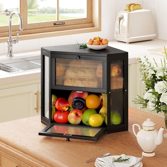 WOWLIVE Corner Bread Box for Kitchen Countertop, Double Layer Bamboo Bread Storage Container, Large Farmhouse Bread box with Acrylic Wavy Door Panel, Under Cabinet Organizer (Black, Medium)