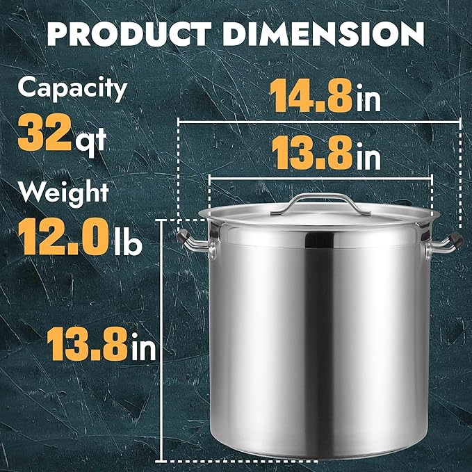 CURTA 32 Quart Large Stock Pot with Lid, NSF Listed, Induction Ready, 3-Ply Clad Base, 18/8 Stainless Steel Cooking Pot, Commercial Cookware for Soup, Stew & Sauce, Riveted Silicone Handle