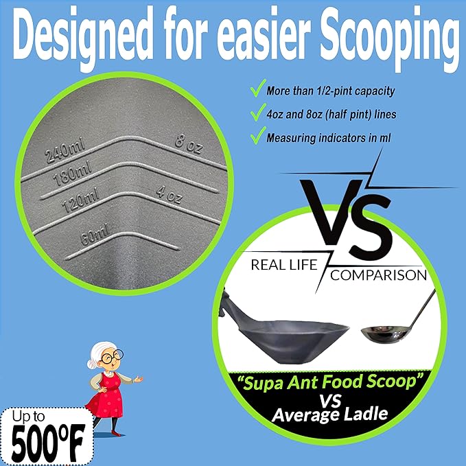 Supa Ant Soup Ladle for Kitchen - Canning Ladle with Pour Spout (8 oz) BPA free and Heat Resistant - Silicone Large Canning Scoop with Pot Clip and Hook Hole - Kitchen Ladel for Cooking