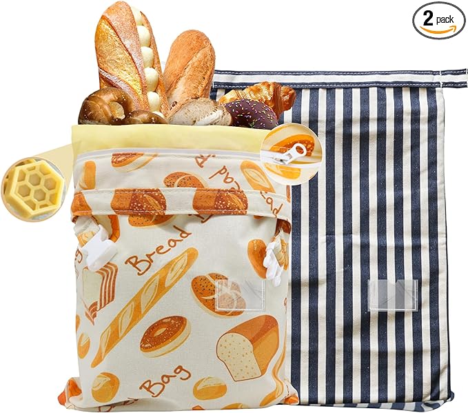 Reusable Beeswax Bread Bags for Homemade Bread Sourdough, XL Eco-Friendly Fresh Food Storage with Buckle & Zipper, Moisture Lock, Keeps Bakes Fresh Longer (2 Pack)