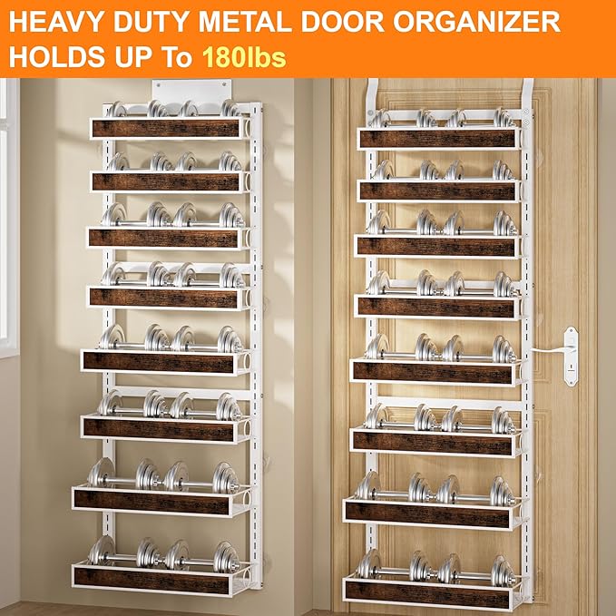 Over The Door Pantry Orangizer,8 Tier Wall Mounted or Hanging Spice Rack with Adjustable Wood Basket,Metal Heavy Duty Behind Door Storage Shelf for Kitchen Pantry and Bathroom