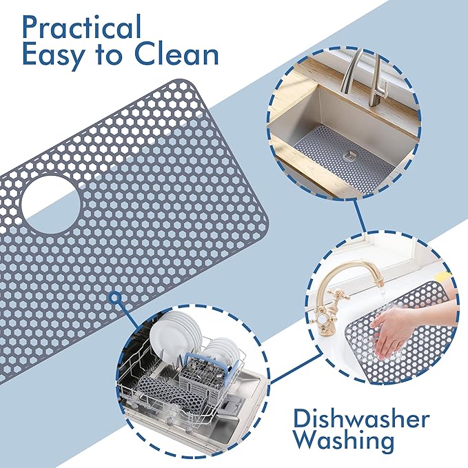 Silicone Sink Protectors for Kitchen Sink - 28.3"x 15.7" Kitchen Protector Accessory, Non-Slip Heat Resistan Mat for Bottom of Farmhouse Stainless Steel Porcelain (Rear Hole)