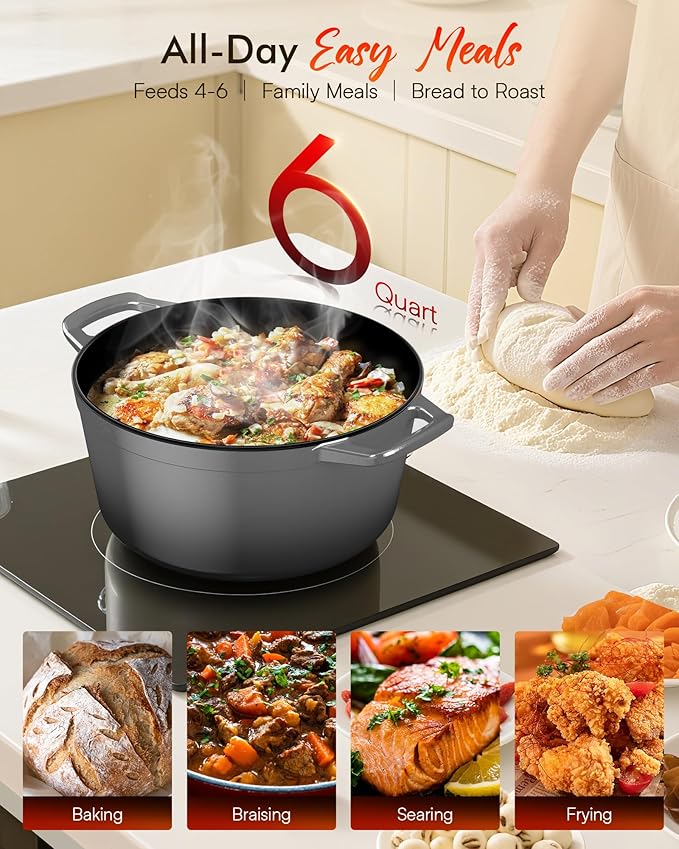 Nuwave 6QT LUX Healthy Enameled Cast Iron Dutch Oven Pot with Lid, Heavy Duty 7-Layer Enamel, Enhanced Rust Protection, Dual Handles, Oven Safe to 500°F for Sourdough Bread Baking, Braise, Stew, Roast