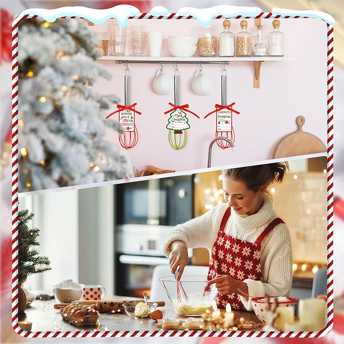 16 Sets 10 Inch Christmas Whisks Gifts with Ribbons Greeting Cards Bags,Christmas Red Green Silicone Whisks For Cooking,Egg Beaters Cooking Supplies For Xmas Candy Holder Neighbor Employee Gifts