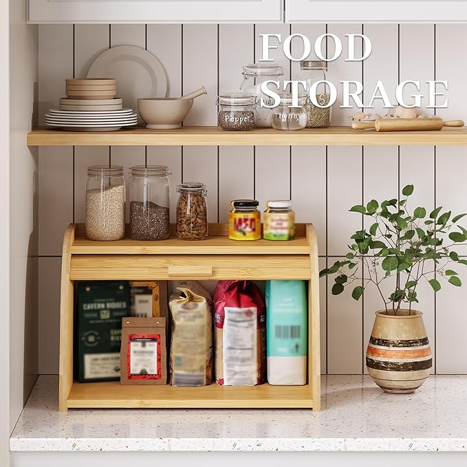 Bread box for kitchen countertop, Bamboo bread storage, Roll-Top bread container, Farmhouse bread holder for homemade bread (single layer)