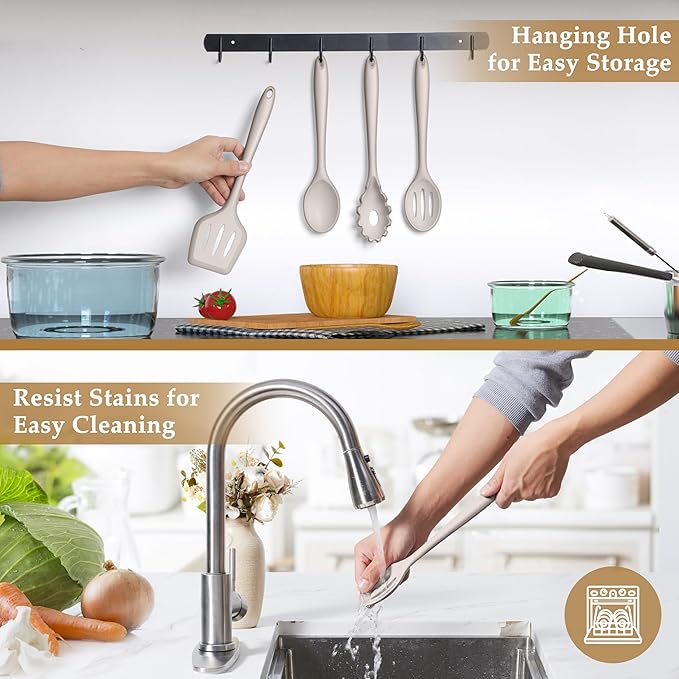 LIANYU 4Pcs Kitchen Utensils Set, Food-Grade Silicone Cooking Utensils, Farmhouse Kitchen Tools for Nonstick Cookware, Include Spoon, Turner, Pasta Server, Heat Resistant, Dishwasher Safe, Khaki