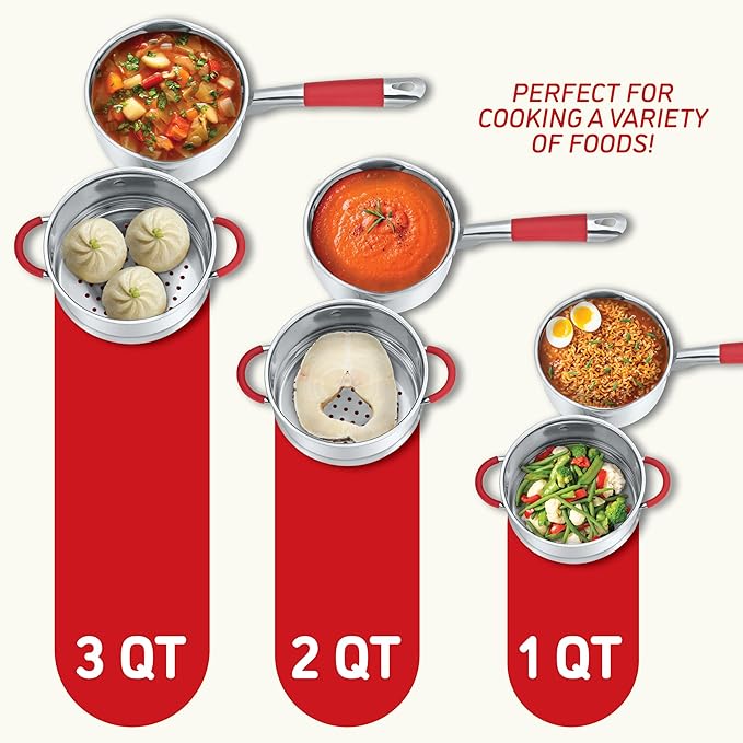 Concord Stainless Steel SIMPLE POUR Saucepan with Steamer Tier. Vented Glass Lid. Features Dual Pouring Spouts and Volume Marking on pot. Perfect for making Sauces, Jam, Ramen, and more (3 Quart)