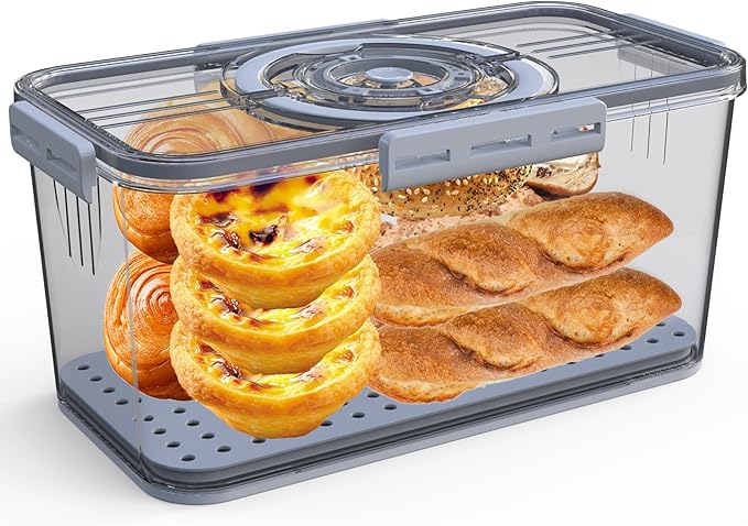 Bread Box with Lid and Handle,New Upgrade Time Recording Bread Storage Container for Kitchen Counter Airtight,Portable Bread Boxes for Homemade Breads, Toast, Bagel, Donut and Cookies(Grey)