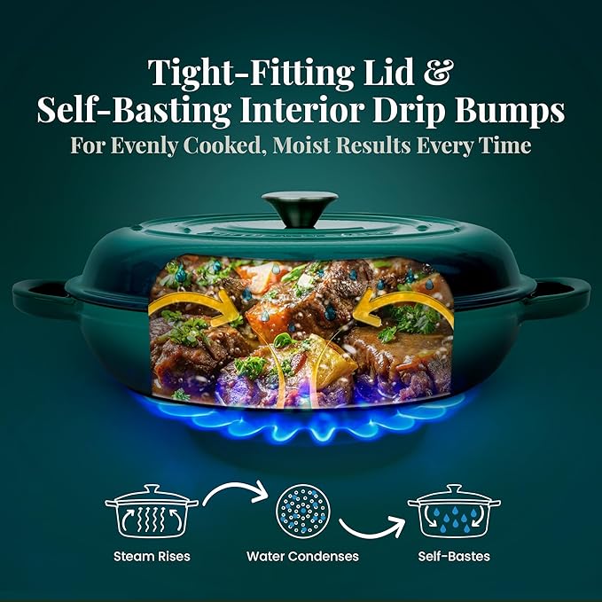 Larder & Vine Enameled Cast Iron Braiser | 3.6 qt Braiser Pan with Lid | Shallow Dutch Oven Compatible on All Cooktops | Casserole Dish Oven Safe to 500° F | Dual Handles | Bondi