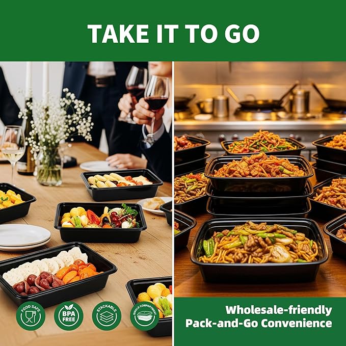Meal Prep Containers, 50 Pack 38oz (100-Piece) Disposable Take Out Food Storage Containers with Leakproof Lids, Large Plastic To Go Lunch Boxes, BPA Free, Microwave/Dishwasher/Freezer Safe