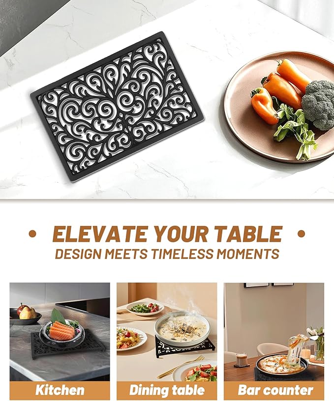 Black Rectangle Cast Iron Trivet 2-Pack for Kitchen & Dining - Heavy-Duty Hot Dish Pads, Decorative Heat Resistant Pot Holders with Raised Feet
