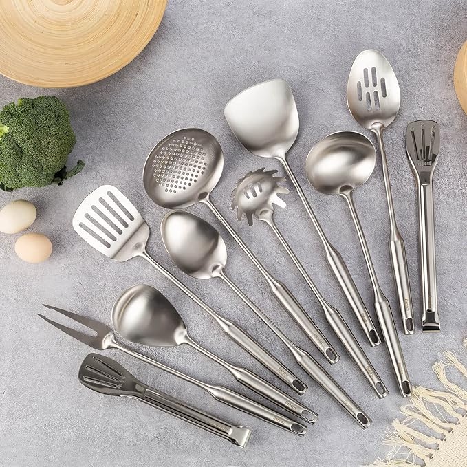 18/10 Stainless Steel Kitchen Utensils Set - 15” All Metal Cooking Tools, 11Pcs - 2 Tongs, Fork, Solid Spoon, Slotted Spoon, Spatula, Soup Ladle, Skimmer, Slotted Spatula, Spaghetti Spoon, Large Spoon