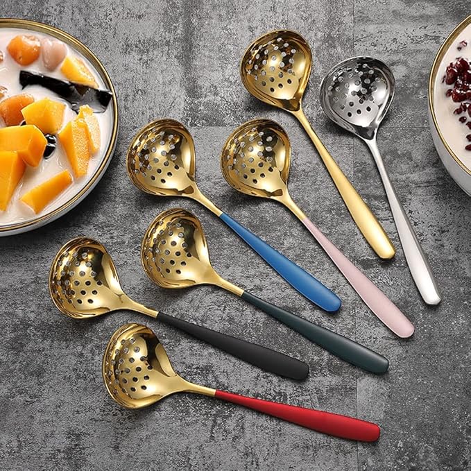 Soup Ladle Skimmer Slotted Spoon Set Stainless Steel Strainer Gravy Colander Hot Pot - Silver