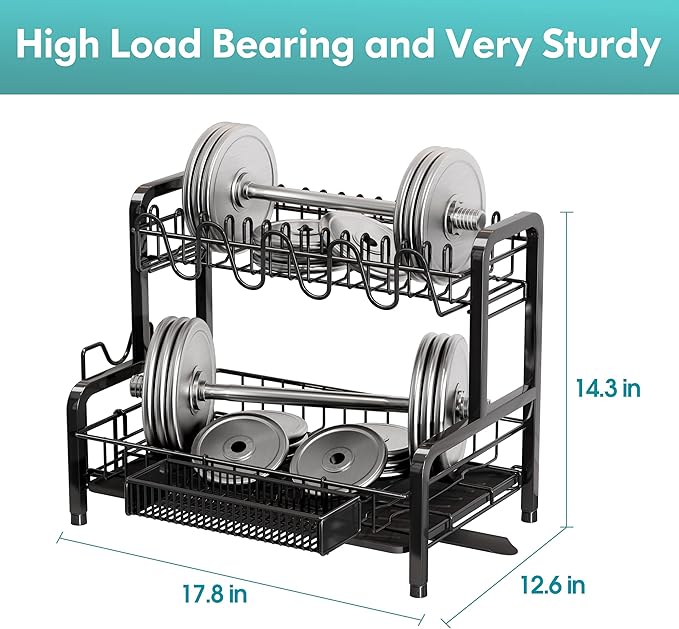 2 Tier Dish Drainers Drying Rack for Kitchen Counter Large Stainless Steel Dishes Drain with Drainboard, Space Saving, Big Modern Black Countertop Metal Plates Dryer Strainer Holder and Extra Tray
