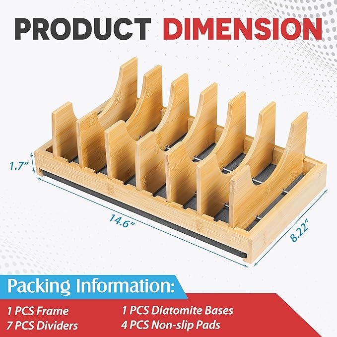 [Upgraded] Bamboo Pots and Pans Organizer under Cabinet, Bakeware and Cutting Board Organizers with Diatomaceous Earth Base & 7 PCS Adjustable Dividers, Tray Organizer for Kitchen Storage