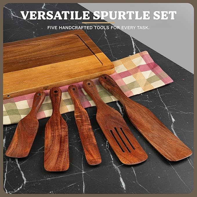 Wooden Spurtle Set – 5 Pcs Acacia Spurtle Spatula for Cooking - Natural Surtle Kitchen Tools for Nonstick Cookware, Salad Mixing, Serving & Stirring