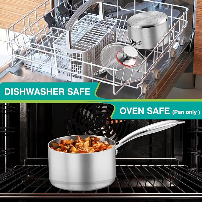 P&P CHEF 1 & 2 Quarts Tri-Ply Stockpot and Saucepan, Stainless Steel Sauce Pan with Lid, Cooking Induction Pot, Kitchen Cookware for All Stoves, Non-Toxic, Durable & Dishwasher Safe, 2 Pieces