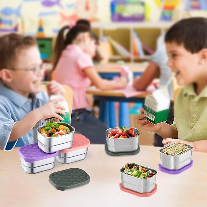 Homikit 3 Pack Snack Containers for Kids, 18/10 Stainless Steel Toddler Lunch Box with Silicone Lids, Reusable Bento Food Container Set for School Daycare, Nontoxic & Leak Proof, Pink/Purple/Gray