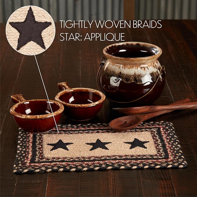 VHC Brands Primitive Colonial Star Table Placemat, Tan Black Red, Jute Blend, Rectangle, 10x15 Inches