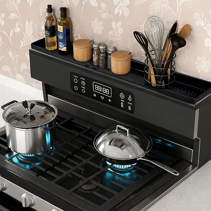 30" Stove Top Shelf, Soft and Heat Resistant,With 6 Suction Points,Fixed 3 Compartment Design For Storing Spices And Cooking Tools, Space Saving, Suitable For The Back Of The Stove, Black.