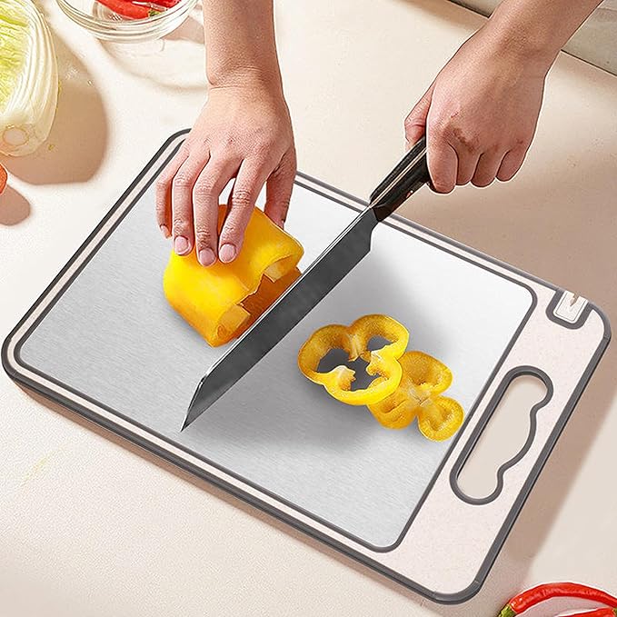 Titanium Cutting Board 2 In 1 Double Sided Pure Titanium And Wheat Straw PP With Juice Grooves, Grinding Area And Knife Sharpener Cutting Boards For Kitchen 16.5 Inches X 11.8 Inches