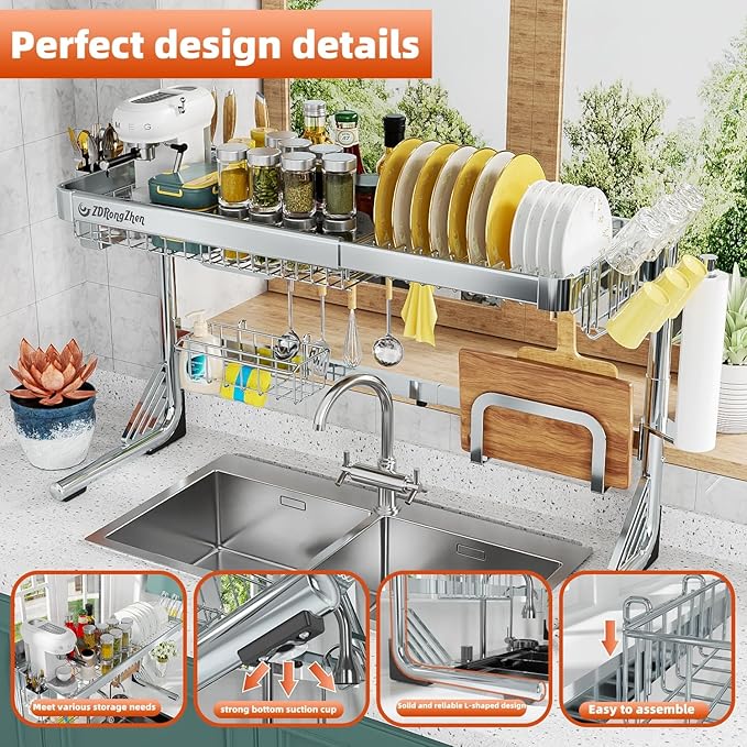 ZDRongZhen Over The Sink Dish Drying Rack,2 tier Full 304 Stainless Steel dish drainer rack,Adjustable Length (22.8''~35.04'') Kitchen Storage Counter With Cup Hanging Set and Hooks (Silver-2Tier)