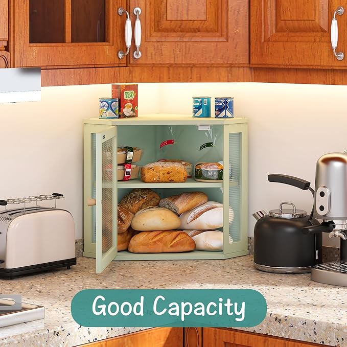 Corner Bread Box for Kitchen Countertop, Bamboo Wood Black Bread Box, Large Capacity Bread Storage Bin with Acrylic Wavy Door Panel