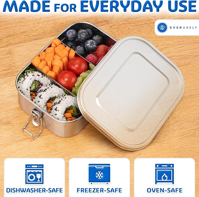 Everusely - Stainless Steel Lunch Box - 27 oz / 0.8 L, 2 Adjustable Dividers - Leakproof Snack and Salad Bento Containers for Adults - Food Storage Boxes with Lids for Work, Picnics, Travel