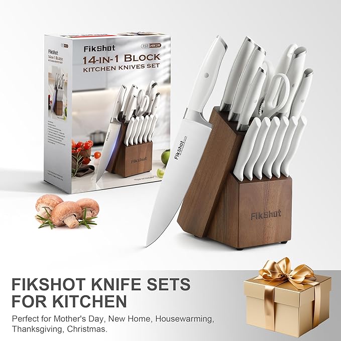 Knife set, Fikshot 14-Piece White knife set with Block, Elegant White Kitchen Knife Set for Ladies, Stainless Steel Knife Set with Sharpener, Dishwasher Safe (WHITE)