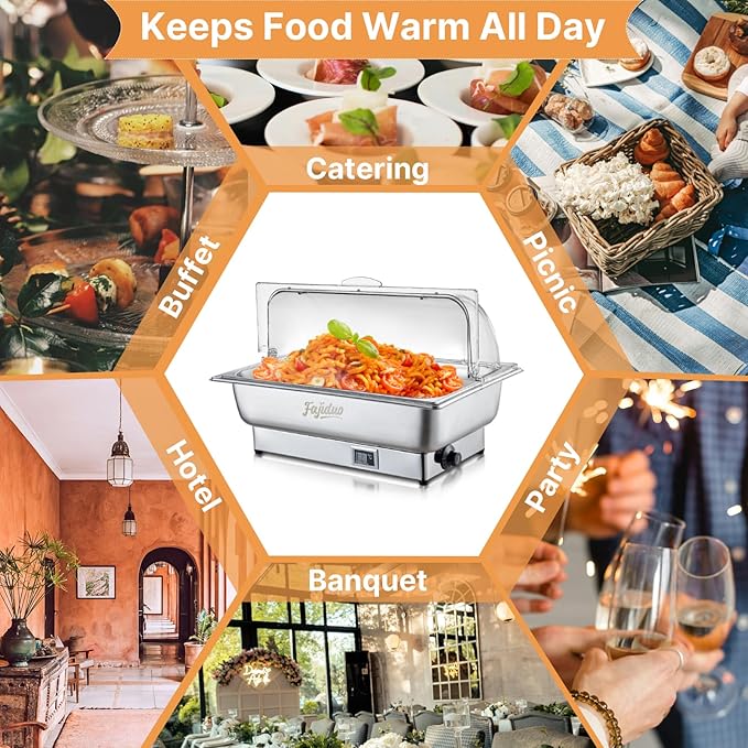 Electric Chafing Dish, 9QT Full Size Electric Chafing Dish Buffet, Adjustable Temp Roll Top Food Warmer, 600W Chafing Dish Buffet Set for Catering Parties