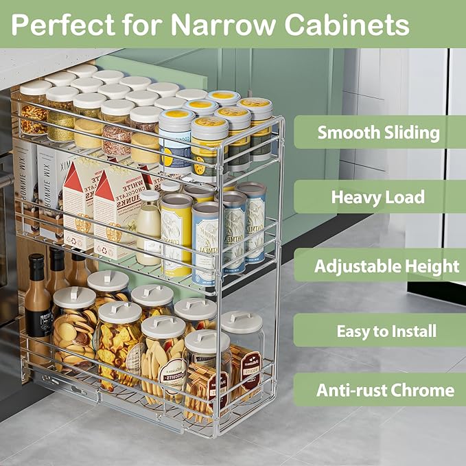 Pull Out Spice Rack Cabinet Organizer 5½" W x 20½" D, 3 Tier Heavy Duty Sliding Spice Cabinet Organization for Narrow Cabinet, Pull Out Shelves for Kitchen