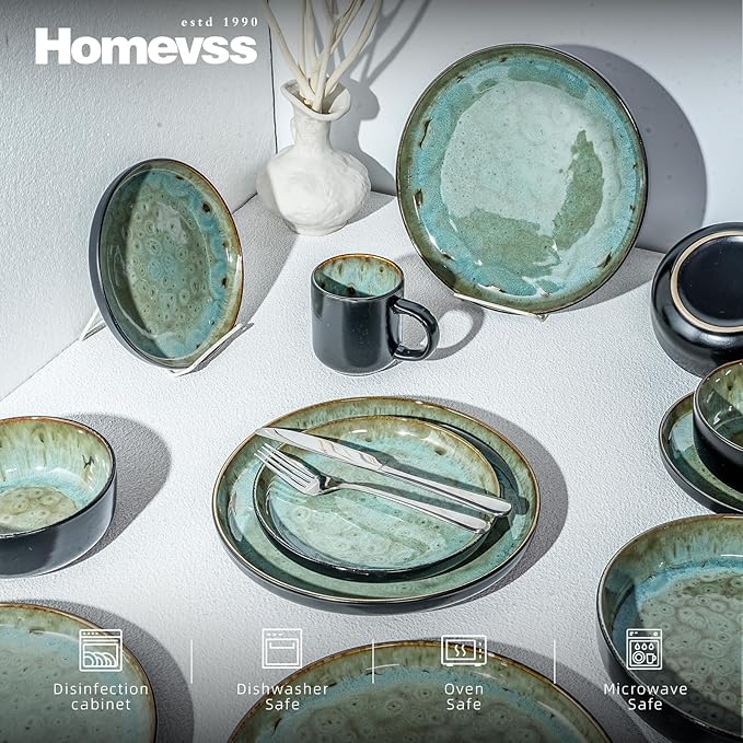 HomeVss 20-Piece Dinnerware Set - Serves 4, Reactive Glaze Bubble Green Plates & Bowls Set | Microwave & Dishwasher Safe Dishes Set