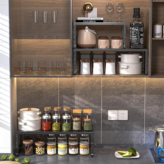 Cabinet Shelf Organizer, Spice Rack,Stackable, Expandable, Rust Resistant, Convenient Kitchen Storage, Metal Shelf for Kitchen, Countertop, Restroom(3Packs/Black,Medium)