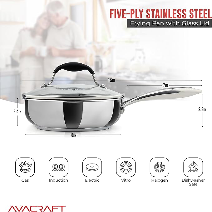 AVACRAFT 18/10 8 Inch Stainless Steel Frying Pan with Lid, Side Spouts, Induction Pan, Versatile Stainless Steel Skillet, Fry Pan in our Pots and Pans (Stainless Steel, 8 Inch)