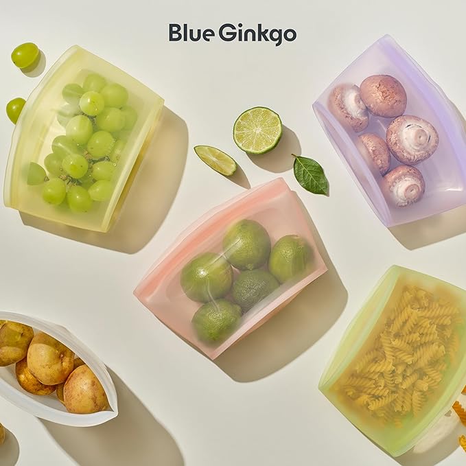 Blue Ginkgo Reusable Silicone Storage Bags – 4-Pack | Korean-Made Stand Up Food, Freezer Bags - Lavender