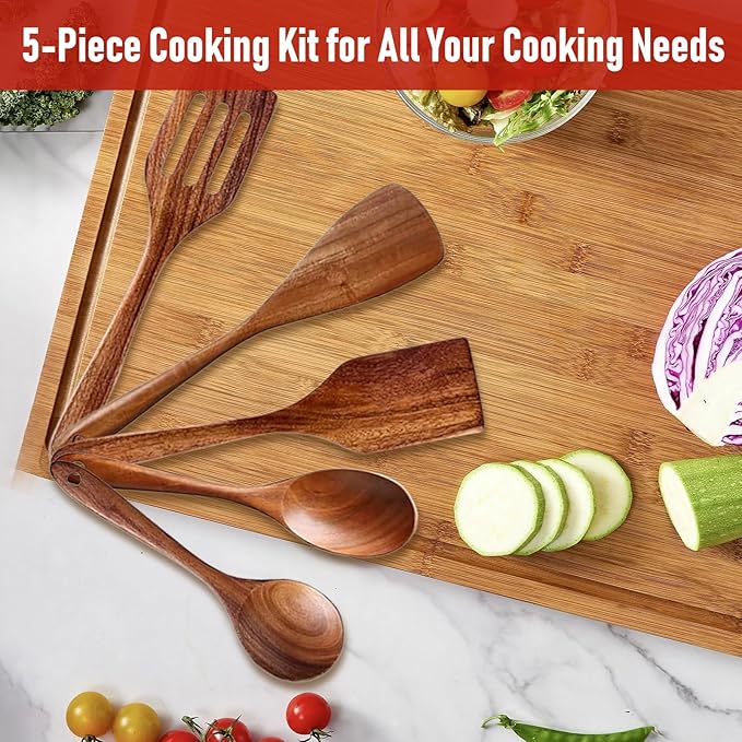 5 PCS Wooden Cooking Utensils Set, Kitchen Utensils Set, Wooden Spoons for Cooking, Non-Stick Heat-Resistant Wooden Spoons for Cooking, Ideal for Nonstick Cookware