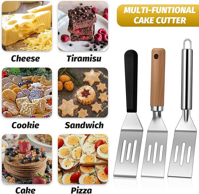 Patelai 3 Pack Small Spatula Mini Serving Brownie Spatula for Serving and Flipping Cooking Pancakes Desserts Cookie Eggs Lasagna (Slotted,Mixed Handle)