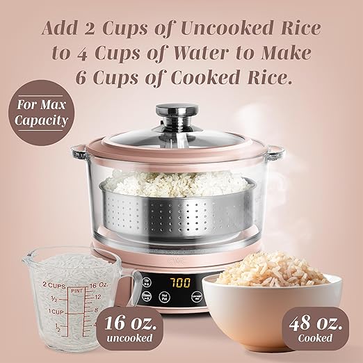 COOK WITH COLOR 3L Glass Mini Low Carb Rice Cooker – Holds 2 Cups Raw/Makes 6 Cups Cooked with Auto Lift Filter Basket, Hotpot & Steamer for Rice, Grains, Digital Panel with Keep Warm, Dusty Rose