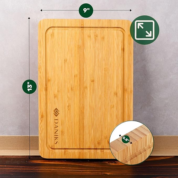 Daniks Bamboo Cutting Board, L 13x9 in, Pre‑Oiled, with Juice Groove – Cutting Board for Kitchen, Meal Prep, Serving & Charcuterie, Heavy-Duty