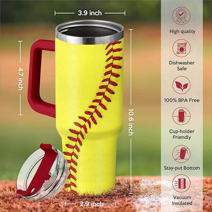 SANDJEST Softball Tumbler with Handle 40oz, Insulated Stainless Steel Cup with Lid & Straw, Sports Lover Gift for Men, Coach, Player, Christmas, Birthday